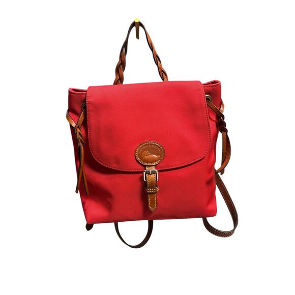Vtg Dooney & Bourke Red Nylon Flap Backpack Tan
Leather Trim Duck Logo - Picture 1 of 9